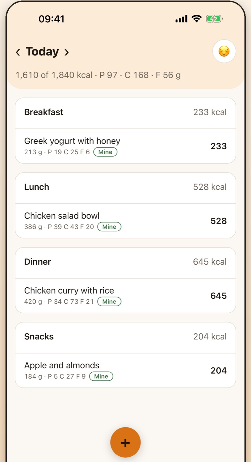 Dishsum Log screen with search, recent foods and quick add