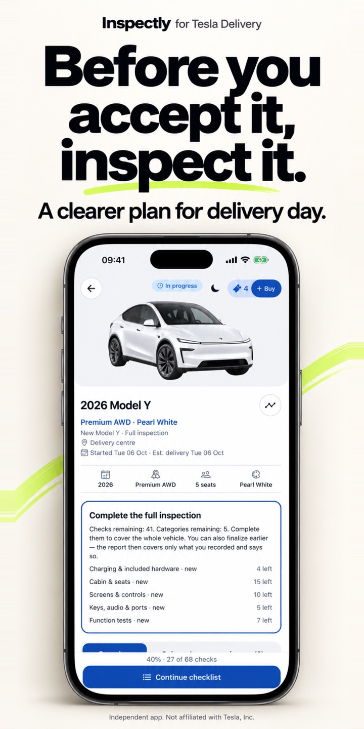 Inspectly showing a 2026 Model Y inspection in progress, with the remaining categories listed