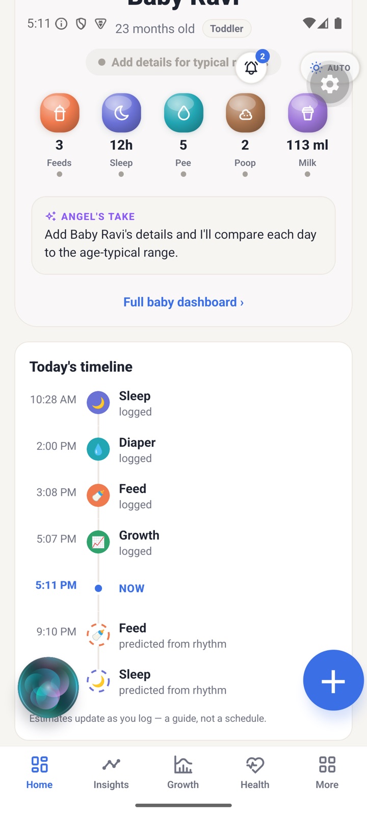 The timeline of logged entries