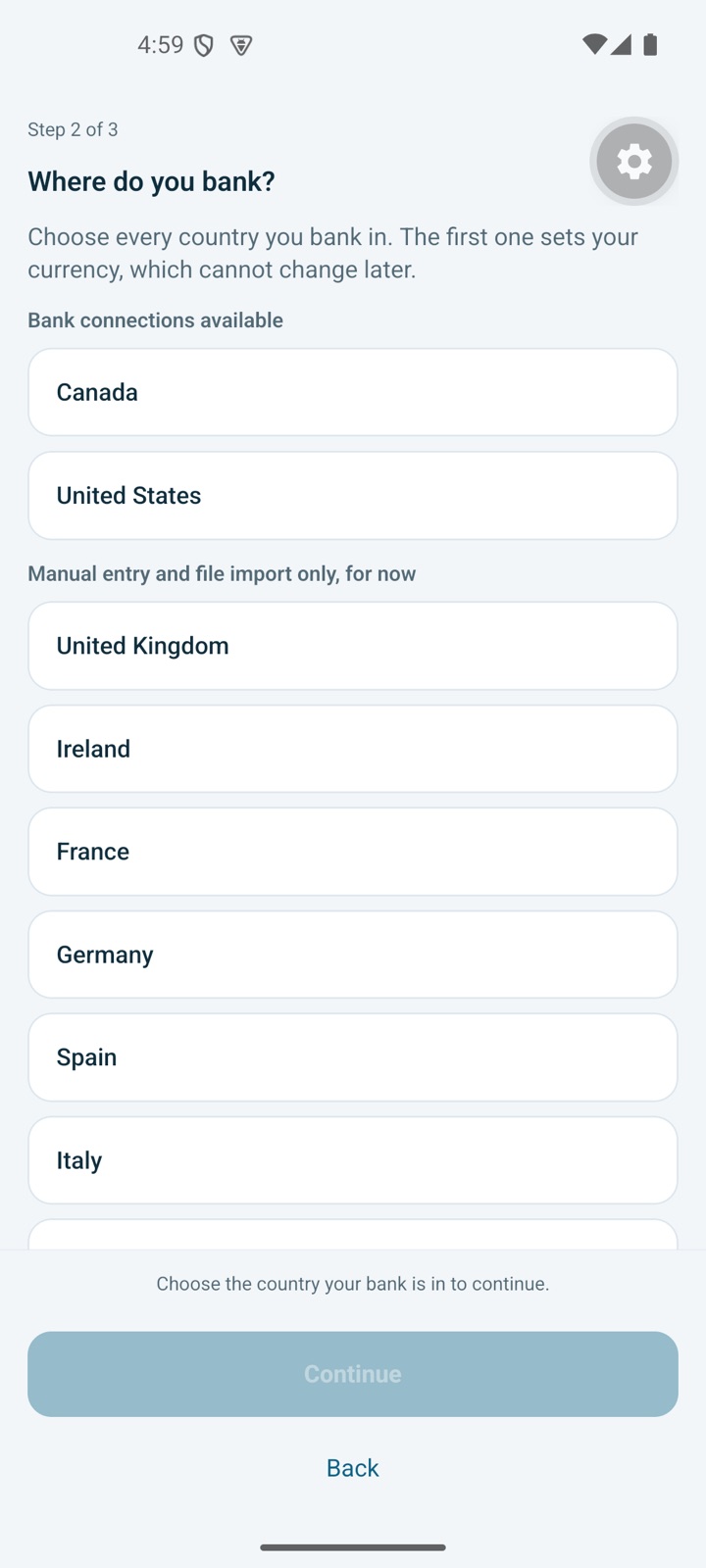 Country selection showing where bank connections are available