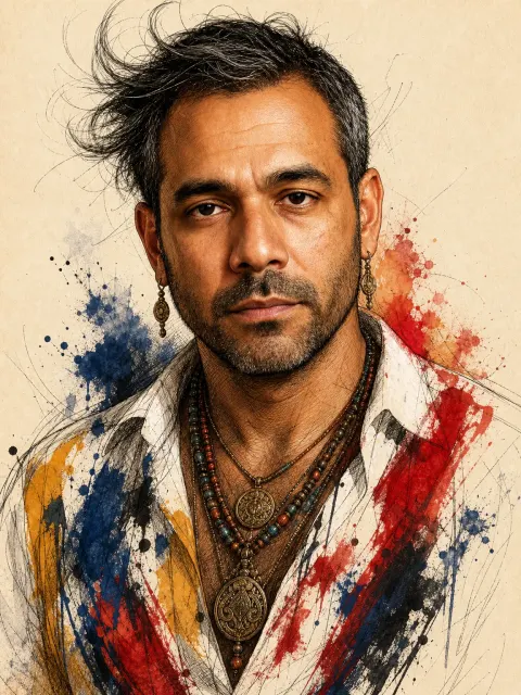 Ink & Watercolour Portrait: line work with splashes of red, blue and yellow wash