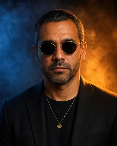 Neo-Noir Smoke Portrait: a man in sunglasses in blue haze with amber backlight