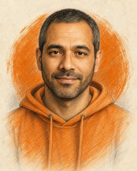 Pencil Sketch & Orange: a graphite portrait with a bright orange hoodie and background
