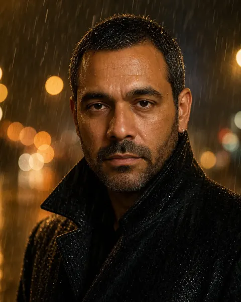 Rainy Night Cinematic: a man in a dark coat in the rain with amber city lights behind